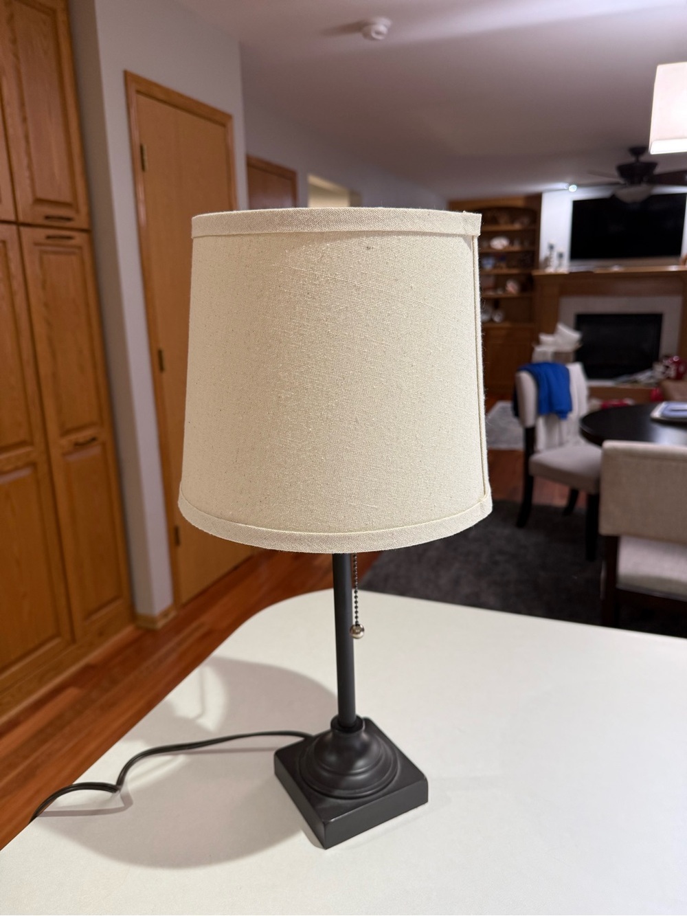 Modern Dark Bronze Table Desk Lamp Beige Linen Burlap Shade Pull Chain